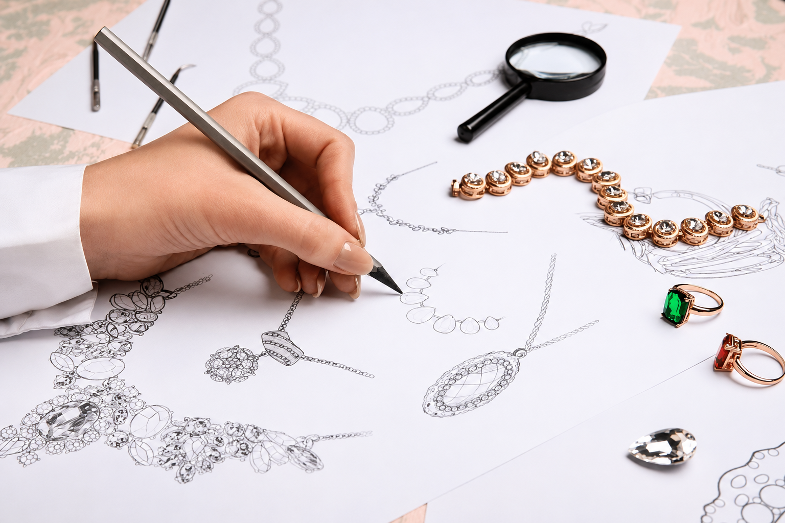 Hand sketching jewelry designs alongside finished gold pieces